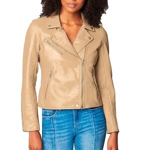 [BLANKNYC] Women Vegan Leather Moto Jacket, Natural Light, Size Large